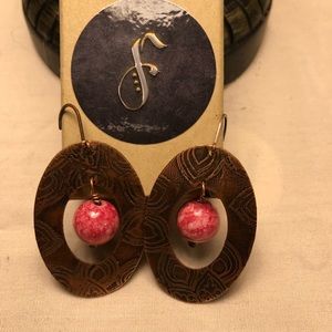 Etched copper earrings with pink marble bead